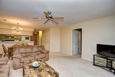 Living area with a ceiling fan, a chandelier, light colored carpet, and a textured ceiling