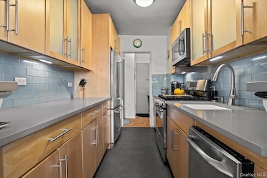 Kitchen featuring a sink, light countertops, decorative backsplash, and appliances with stainless steel finishes
