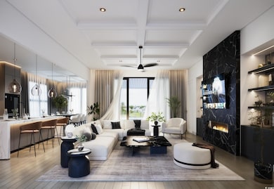 Living area with beam ceiling, light wood-style flooring, coffered ceiling, and a high end fireplace