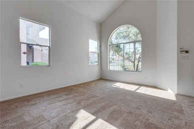 Empty room featuring carpet, high vaulted ceiling,