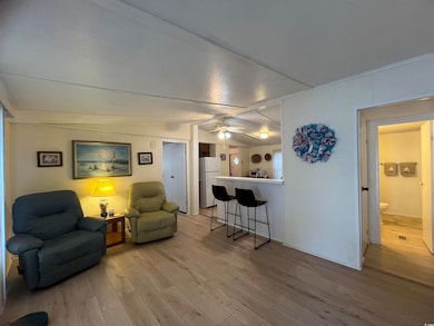 Living room featuring lofted ceiling and light wood-style floors