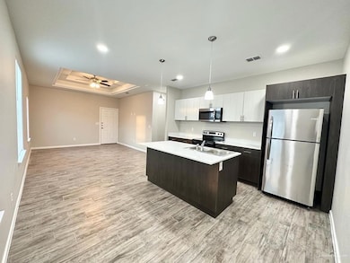 Kitchen featuring a tray ceiling, stainless steel appliances, dark brown cabinetry, an island with sink, and decorative light fixtures