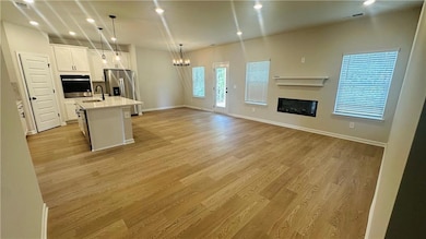 Kitchen with appliances with stainless steel finishes, a chandelier, a glass covered fireplace, open floor plan, and light wood finished floors