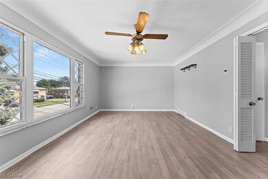 Unfurnished room featuring light hardwood / wood-style flooring, ceiling fan, and ornamental molding