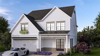 Modern inspired farmhouse with an attached garage, a shingled roof, brick siding, a standing seam roof, and metal roof