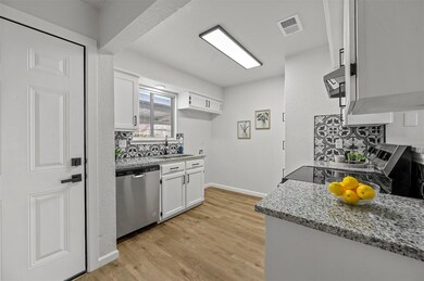 Kitchen with sink, dishwasher, light stone counter