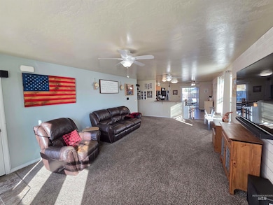 Carpeted living room featuring a textured ceiling and a ceiling fan