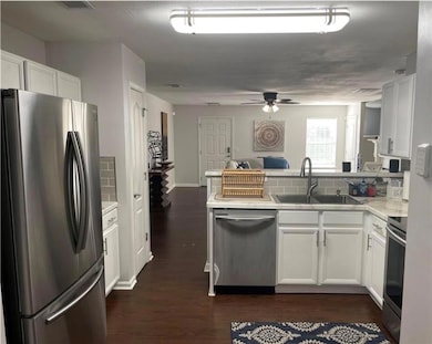 Kitchen with dark wood-style floors, decorative ba