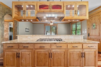 Kitchen with glass insert cabinets, plenty of natural light, and ventilation hood
