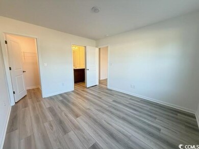 Unfurnished bedroom with light wood-style floors, a spacious closet, and ensuite bathroom