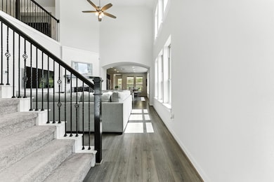 Foyer with a towering ceiling, ceiling fan, dark 