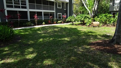 Screened-in porch with peaceful garden area, even a bench to enjoy outdoors.
