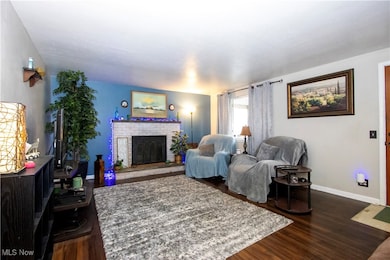 Living room with dark wood-type flooring and a fireplace