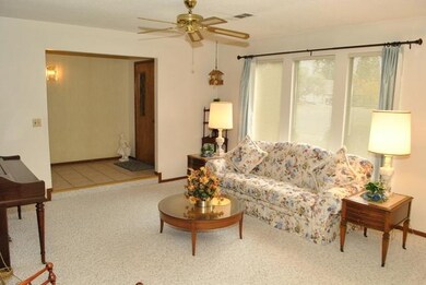 Living room with ceiling fan, newer carpet is very
