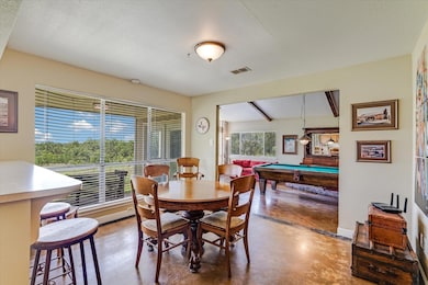 Dining space featuring finished concrete floors, 