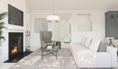 Great room with sloped ceiling and fireplace