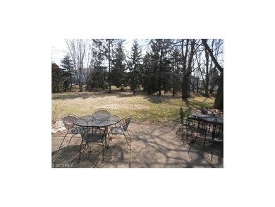 Back concrete patio overlooks wooded backyard.