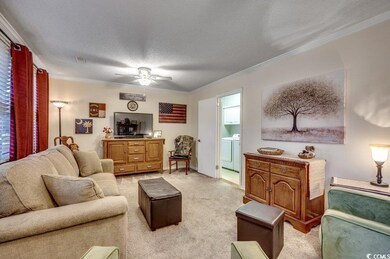 Living room featuring ornamental molding, a textur