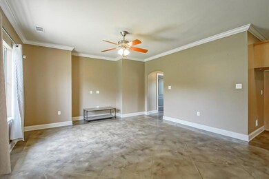 Living room with crown molding and stained concret