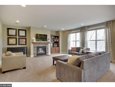 Elegant living room with stone gas fireplace, cust