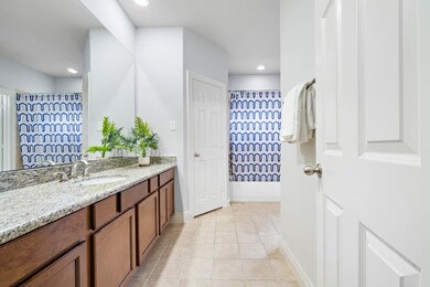 Walk-in bathroom with a long granite single vanity