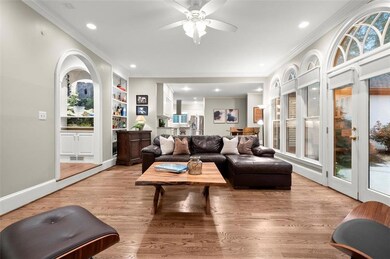 Seamless flow from the family room to the kitchen and dining space.