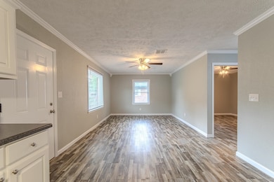 Unfurnished living room featuring a ceiling fan, wood finished floors, a textured ceiling, and ornamental molding