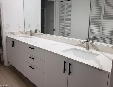 Master bathroom with a closet, double vanity, and wood finished floors
