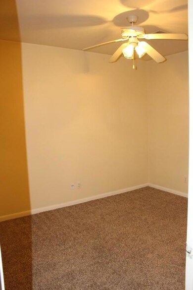 Empty room featuring a ceiling fan, carpet floori