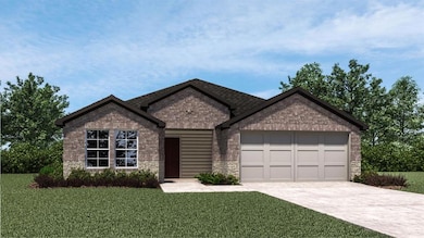 View of front of property with stone siding, driveway, a front lawn, and a garage