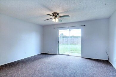 Carpeted spare room featuring ceiling fan and a te