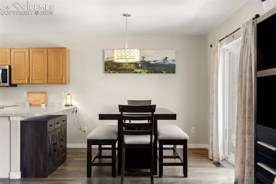 Dining area with dark wood-style flooring and baseboards