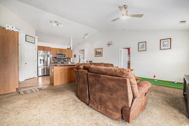 Living area featuring lofted ceiling, light carpet, and a ceiling fan