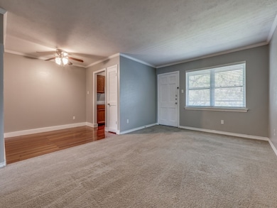 Unfurnished living room with carpet, ornamental molding, a ceiling fan, and a textured ceiling