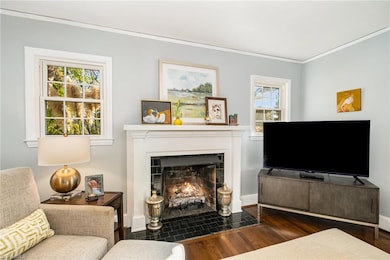 Enter the Living Room with Fireplace