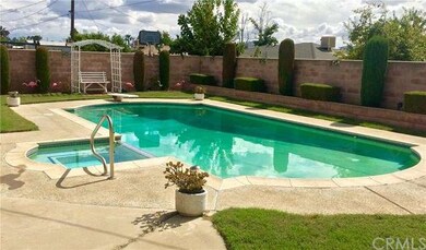 Backyard has nice landscaping,  pool and spa, larg