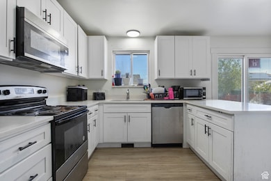 Kitchen with appliances with stainless steel finishes, a peninsula, white cabinets, light wood finished floors, and light stone countertops