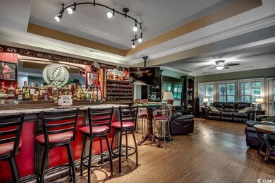 Indoor dry bar featuring a raised ceiling, ornamental molding, wood finished floors, a textured ceiling, and ceiling fan