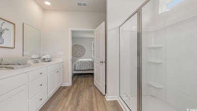 Bathroom with hardwood / wood-style flooring, vani