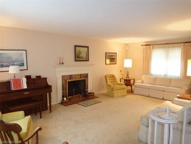 Spacious, carpeted living room with fireplace.