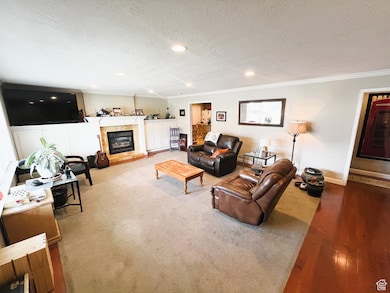 Living area featuring ornamental molding, a textured ceiling, a tiled fireplace, wood finished floors, and baseboards