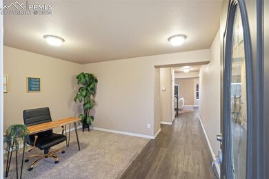 Office with carpet floors and a textured ceiling
