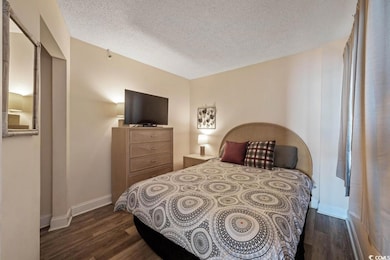 Bedroom featuring dark wood-style floors, a textured ceiling, and baseboards