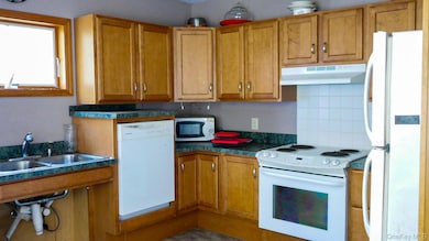 Kitchen featuring white appliances, brown cabinets, under cabinet range hood, and dark countertops