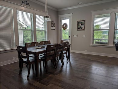 Dining area featuring plenty of natural light, ornamental molding, dark wood-type flooring, and baseboards