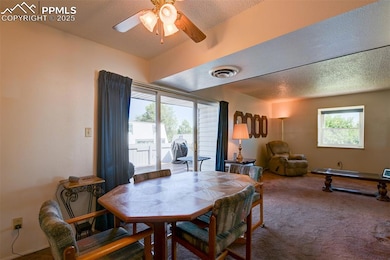 Dining room featuring carpet, ceiling fan, and a textured ceiling