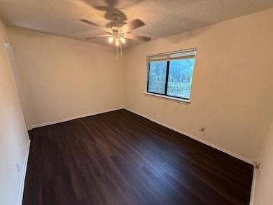 Spare room with a ceiling fan, dark wood finished