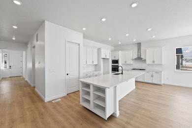 Kitchen featuring healthy amount of natural light, white cabinetry, open shelves, a center island with sink, and recessed lighting