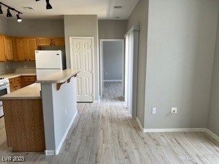 Kitchen featuring freestanding refrigerator, light
