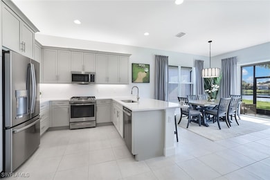 Kitchen with gray cabinets, kitchen peninsula, sta